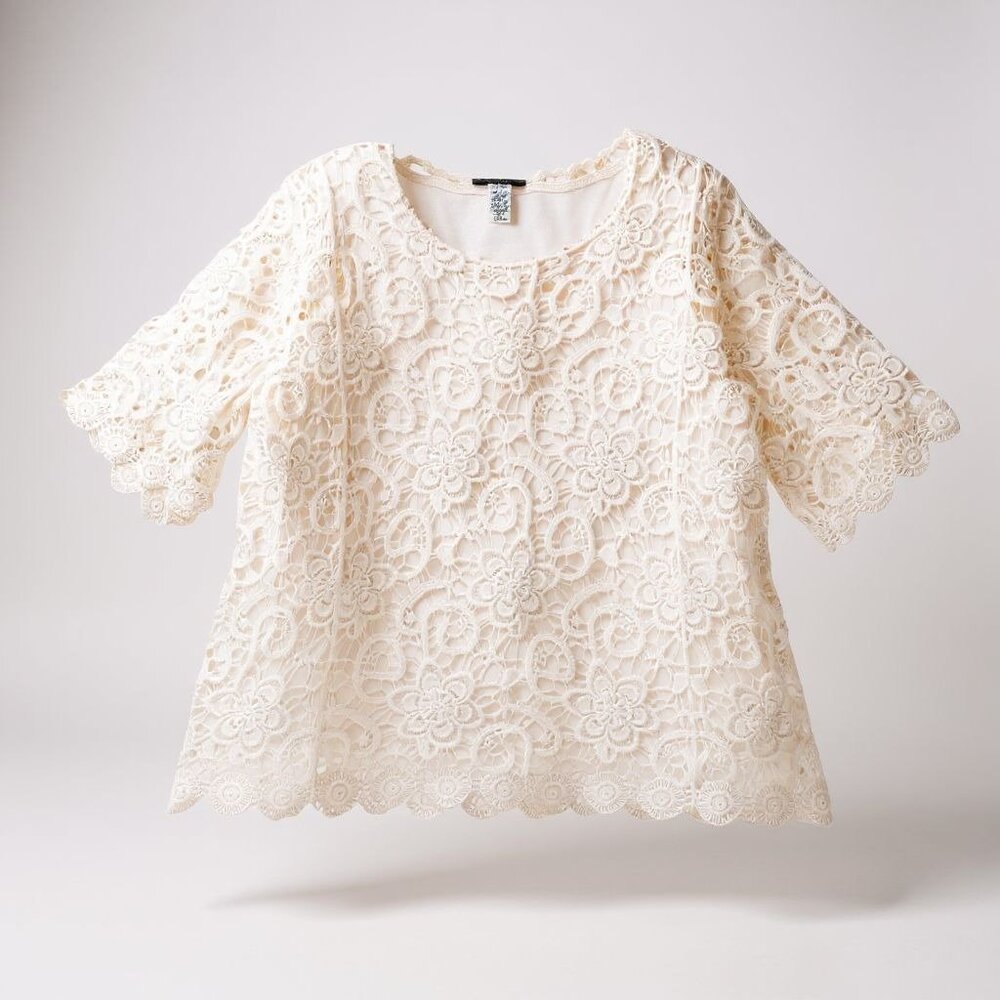 Lace Floral Crochet 3/4 Sleeve Top For Women Jennie & Marlis 2X Beige Boho